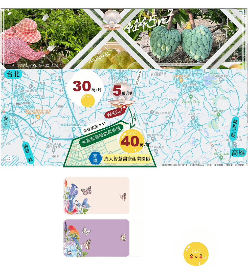 4145M2 幸福釋迦園 - 台南市歸仁區沙崙北路上
- 緊鄰86東西向 / 關廟出口 1.7KM
- 沙崙高鐵站 / 5分鐘
- 歸仁市中心 / 5分鐘
一生最有價值的投資