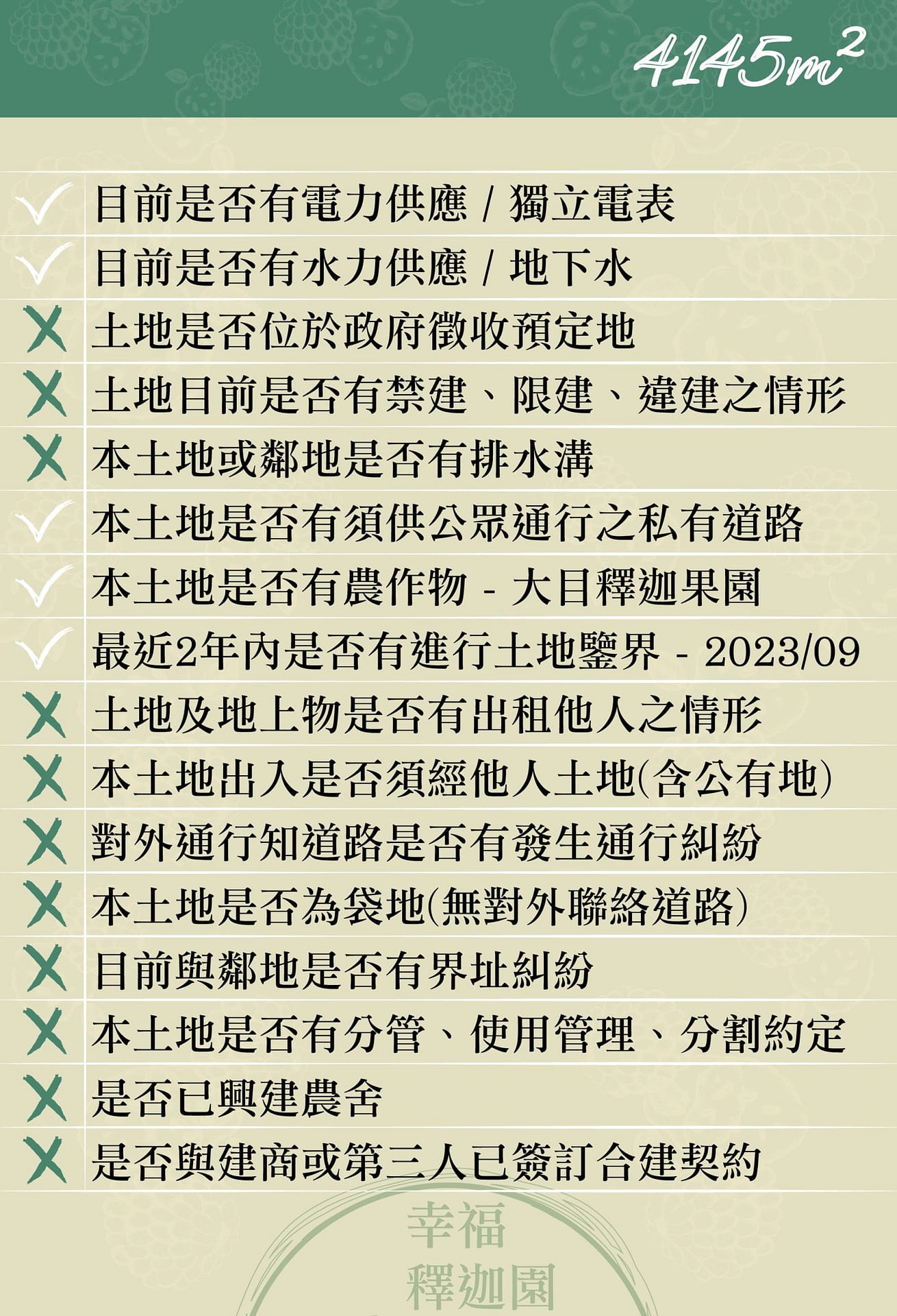 沙崙農地 自售 / 4145M2 幸福釋迦園 - 50年老欉臺灣土種大目釋迦果園，1 &3號高速公路與86快速關廟出口，離高鐵站4公里與歸仁市區雙蛋黃區中間；適合青農創業、假日農場、長照銀髮友善園區或有機農場